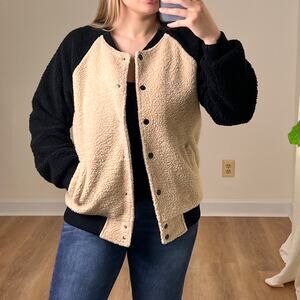 Movint Colorblock Raglan Sleeve Fleece Bomber Jacket L Black Tan Teddy